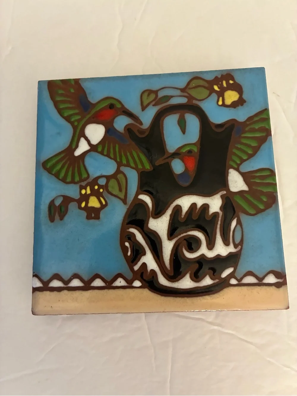Earthtones Vintage Pottery Tile 4x4 Humming Bird Wedding Vase Farmhouse Country